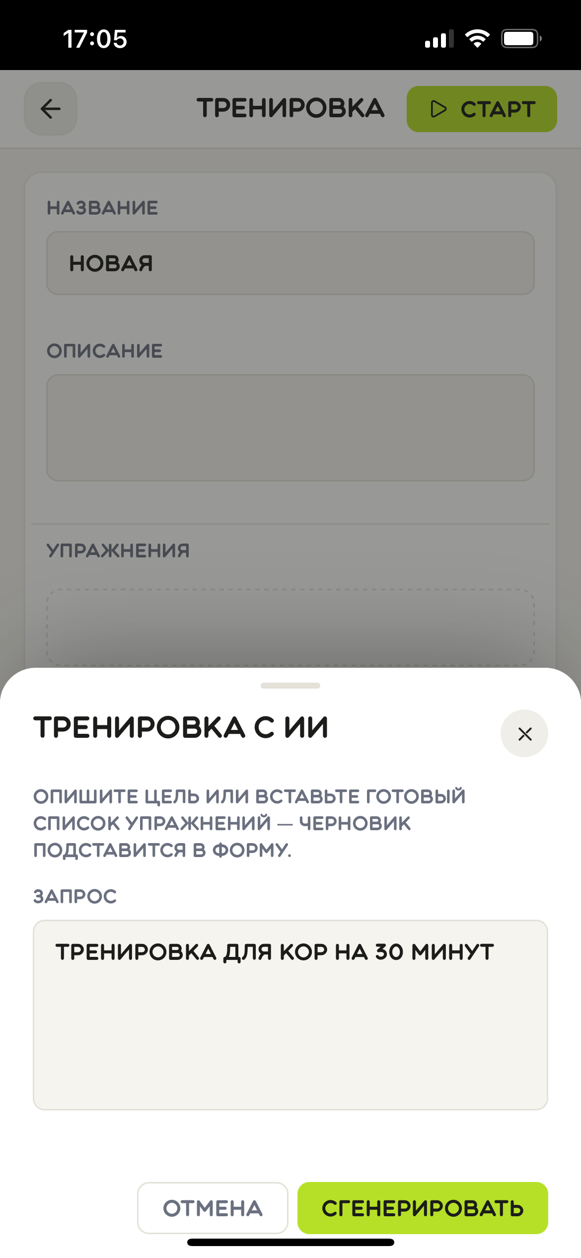 Окно генерации тренировки по текстовому описанию цели